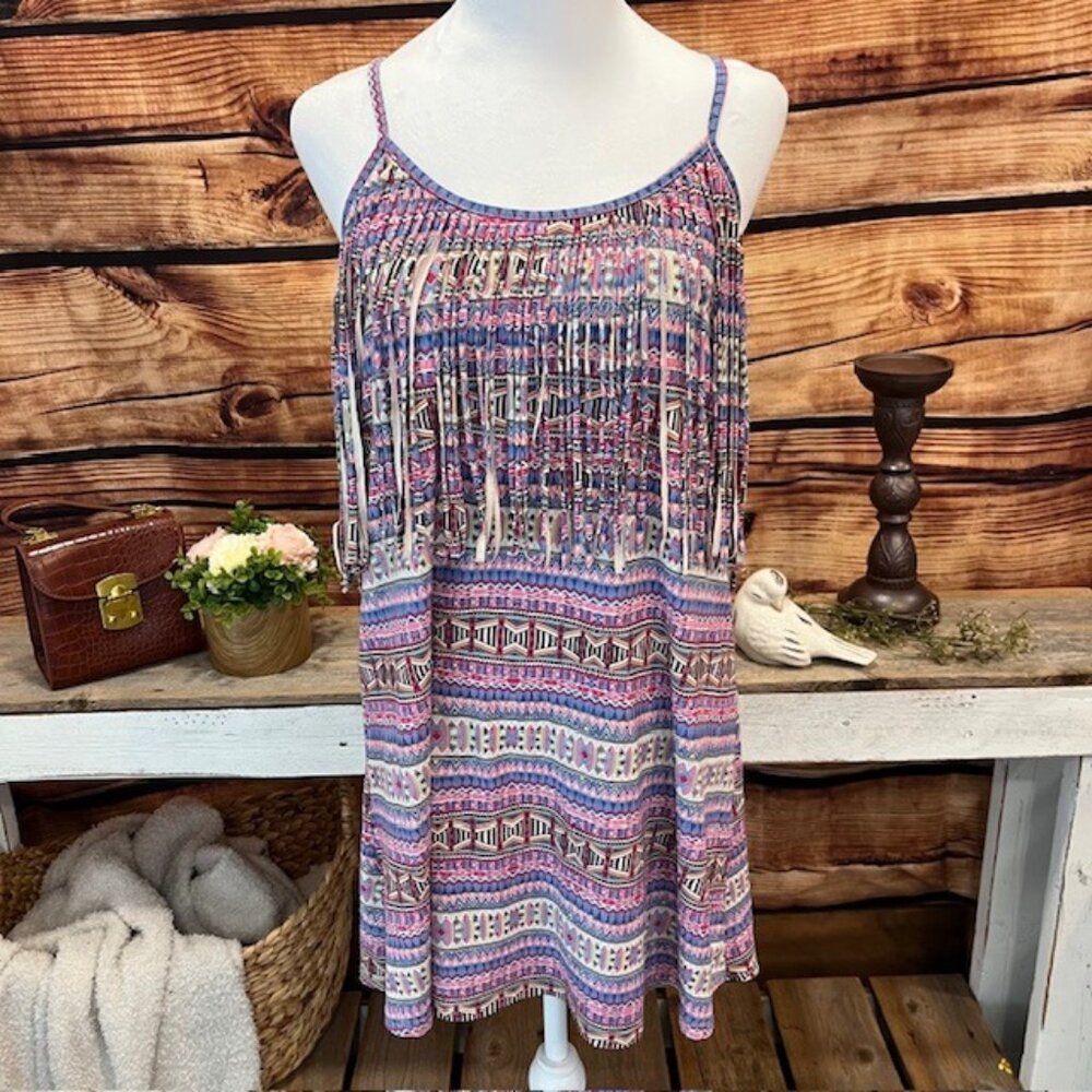 Loveriche Womens Multi Color BoHo Fringe Racer Back Strappy‎ Mini Dress Size S